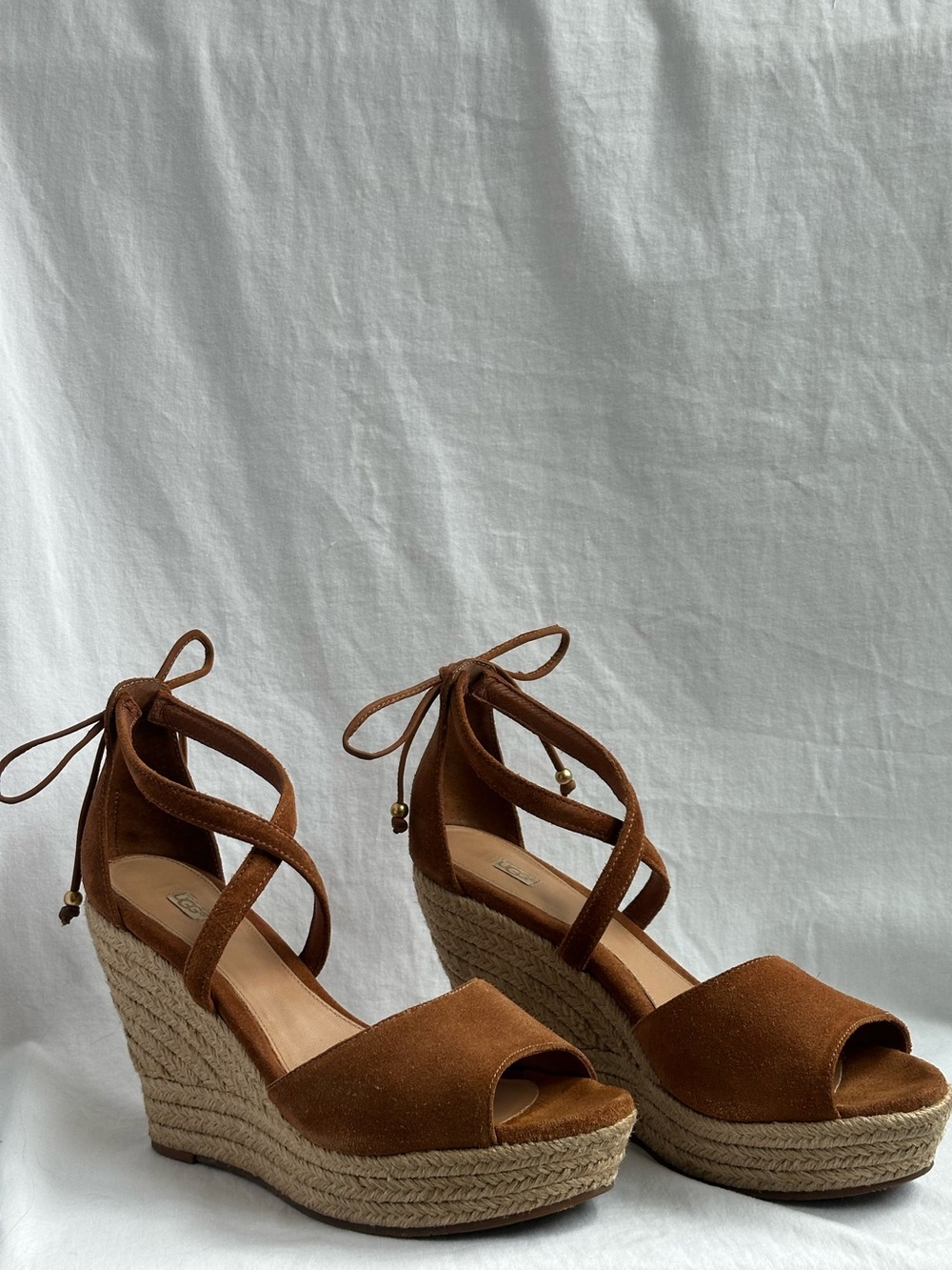UGG Raegan Brown Suede Espadrille Platform Wedges w/ Ankle Tie | Size US 10